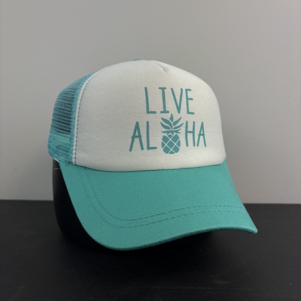 Live Aloha Hawaii Pineapple Trucker Hat White Teal Beach Cap Snapback Adjustable